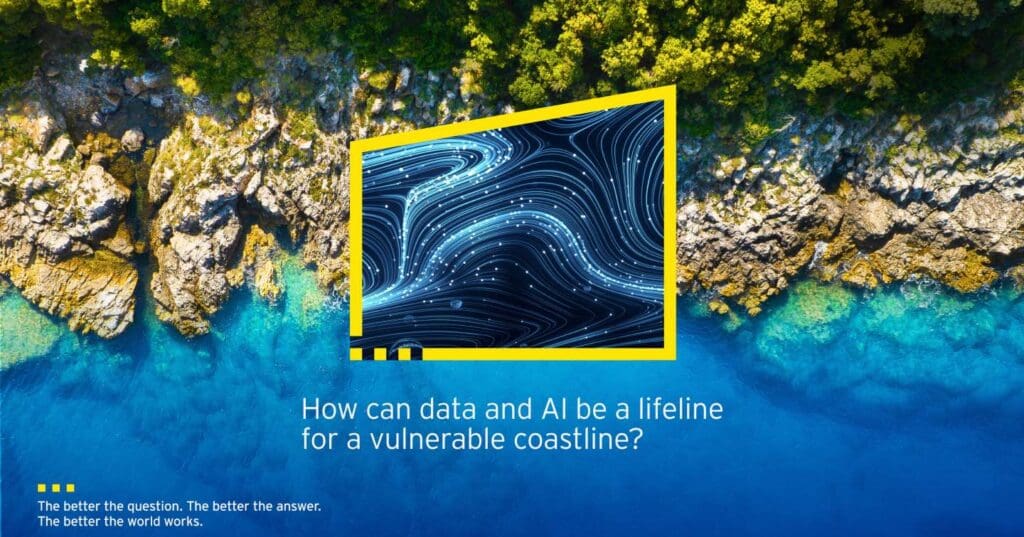 Image of coastline with inset image of moving lines and the text "How can data and AI be a lifeline for a vulnerable coastline?"